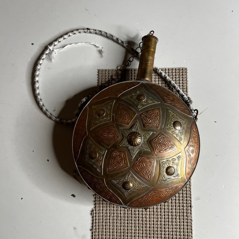 Vintage Moroccan Brass Copper Water Canteen Etched Mixed Metal Flask Decor